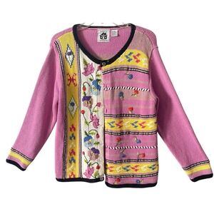 Storybook Knits‎ Handknit Cardigan Floral Embroidery Pink Yellow Flowers Medium